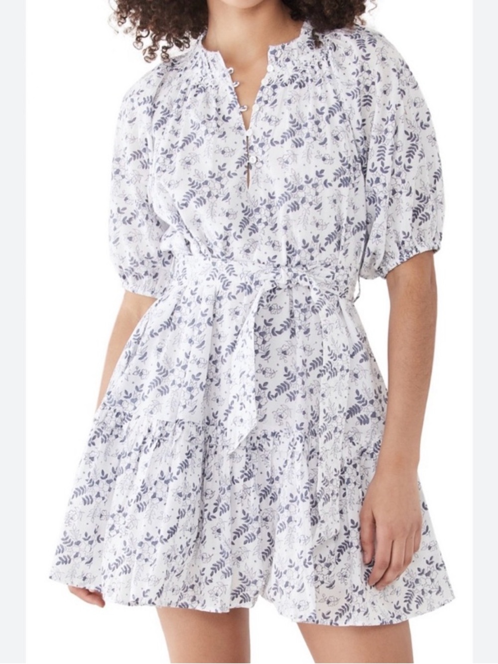 cleobella nevah mini dress large killarney white blue floral puff sleeve ruffles